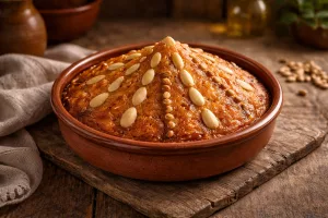 Arnadí valenciano en cazuela de barro, con forma cónica y decorado con almendras y piñones