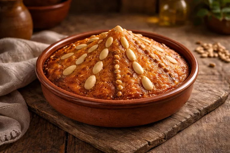Arnadí valenciano en cazuela de barro, con forma cónica y decorado con almendras y piñones