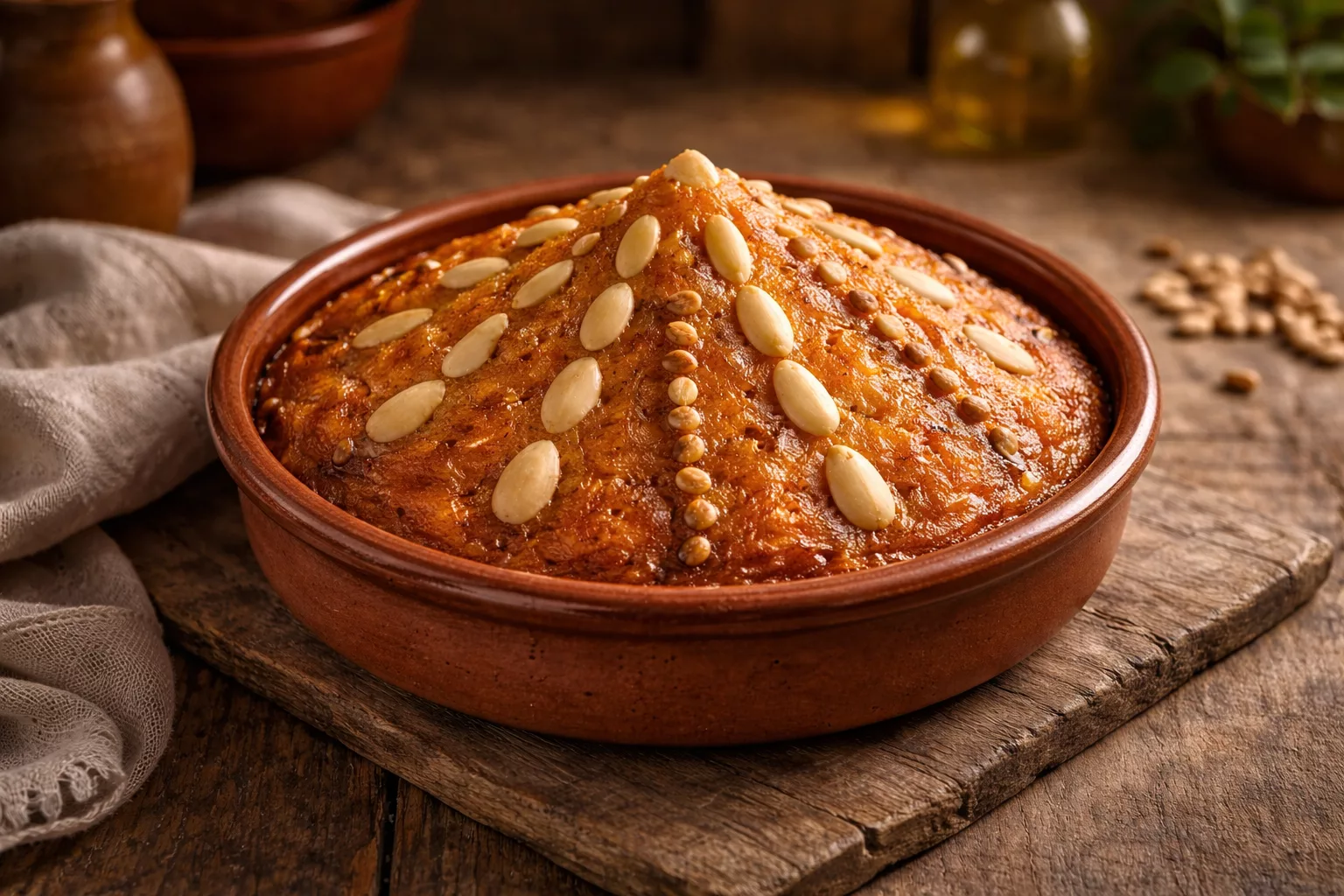 Arnadí valenciano en cazuela de barro, con forma cónica y decorado con almendras y piñones