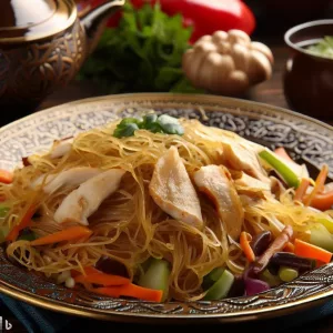 Fideos vermicelli con pollo y verduras al estilo oriental