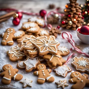 Plato con galletas de jengibre decoradas con glaseado blanco y formas navideñas, rodeado de adornos festivos.