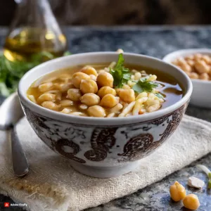 Sopa de Fideos con Jamón Serrano, Cebolla y Garbanzos