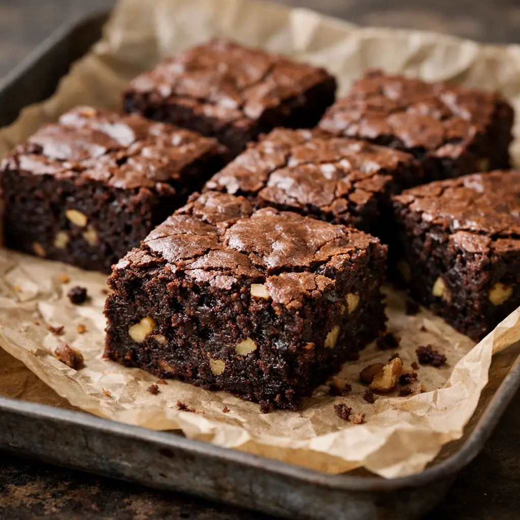 Brownie de cacao y avena en Thermomix, cortado en cuadrados, con interior denso y húmedo y nueces visibles