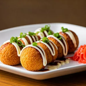 roquetas de pulpo estilo takoyaki servidas con salsa takoyaki y mayonesa japonesa, crujientes y doradas listas para disfrutar.