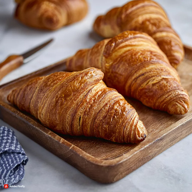 Imagen de croissants saludables hechos con Thermomix. Croissants dorados y hojaldrados con harina integral, espelta y avena, colocados en una bandeja de madera. Acompañados de puré de frutas y crema de frutos secos.