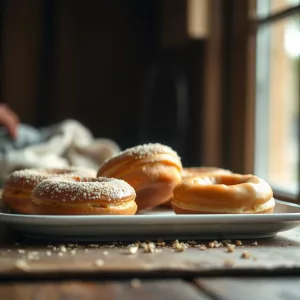 Donuts saludables de avena y plátano recién horneados, dispuestos en un plato blanco, con una textura suave y un toque de yogur griego y canela.
