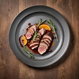 Plato gourmet de magret de pato con reducción de naranja y Grand Marnier, decorado con romero fresco y ralladura de naranja, acompañado de puré de patatas y patatas confitadas.