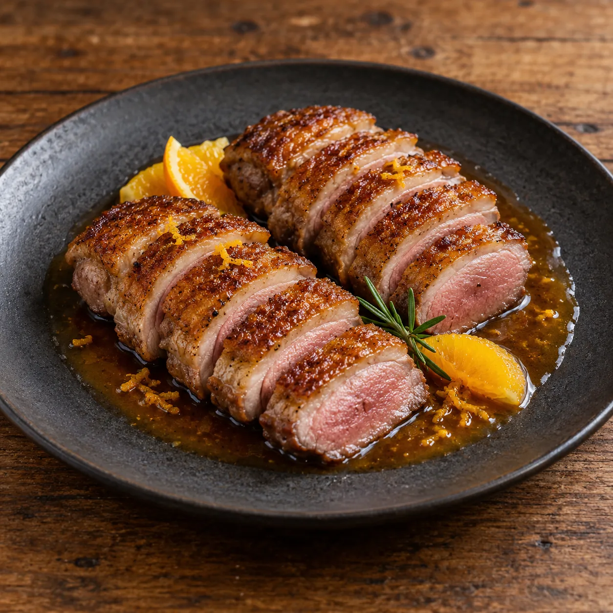 Magret de pato sous vide con reducción de naranja, cortado en lonchas y servido sobre plato negro