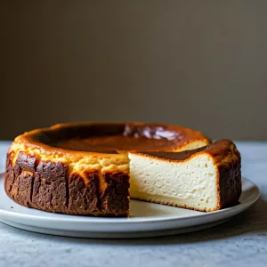 Tarta de queso estilo La Viña con porción cortada mostrando su interior cremoso y suave.