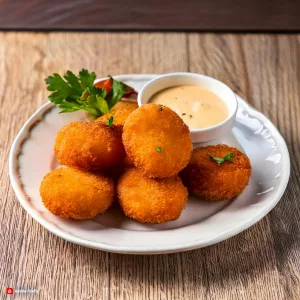 Croquetas de gambón salvaje doradas y crujientes acompañadas de salsa cremosa de marisco, presentadas en un plato blanco elegante.