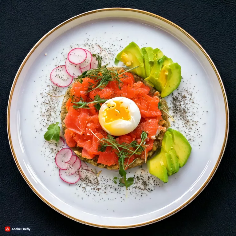 Plato de Huevos Onsen con Tartar de Salmón y Quinoa, decorado con aguacate, espinacas, remolacha y semillas de chía, con un huevo onsen en el centro.
