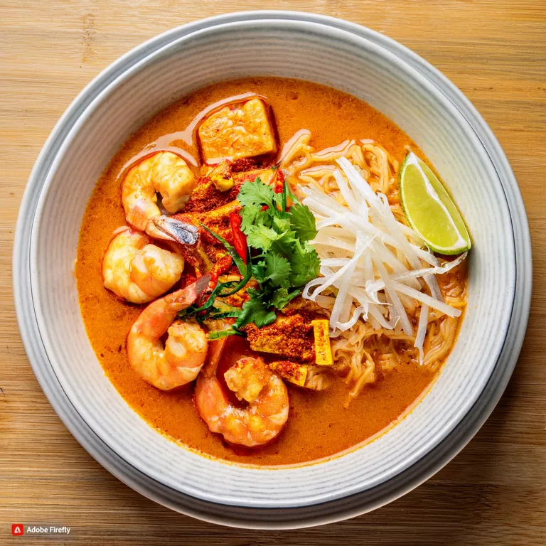 Un tazón de sopa Laksa de curry con gambas, caldo cremoso de leche de coco, fideos de arroz, brotes de soja, tofu y cilantro fresco, decorado con cebolla crujiente y un gajo de lima.