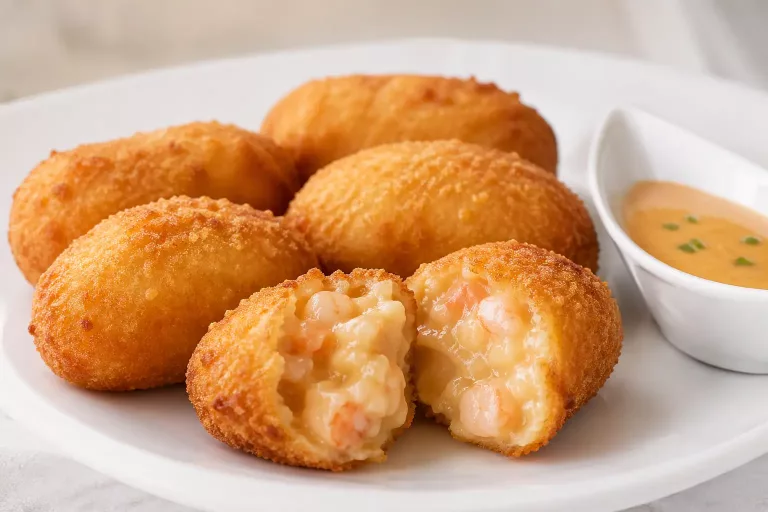 Croquetas de gambones abiertas, con interior cremoso y salsa ligera de marisco aparte