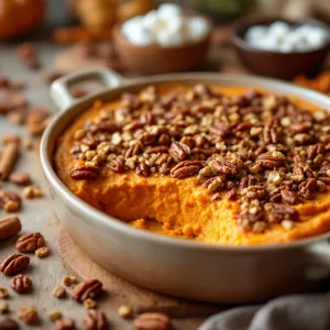 Imagen de una Sweet Potato Casserole con topping de nueces, servida en una fuente de horno, perfecta para celebraciones de Acción de Gracias o Navidad.