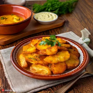 Patatas a la importancia servidas en cazuela de barro, un plato tradicional español.