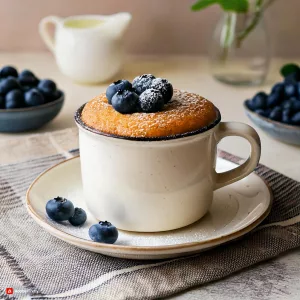 Mug Cake de Queso y Arándanos servido en una taza blanca, decorado con arándanos frescos y espolvoreado con azúcar glas. Bizcocho en microondas casero, esponjoso y perfecto para disfrutar como postre rápido y fácil.