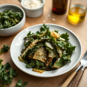 Chips de kale crujientes recién horneados con parmesano.