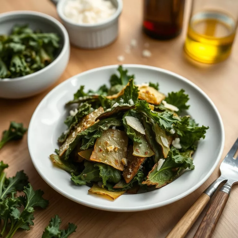 Chips de kale crujientes recién horneados con parmesano.