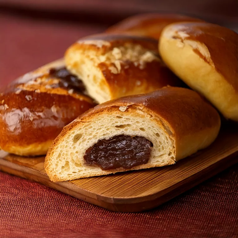 Imagen de bollos caseros alargados, dorados y esponjosos, rellenos de una crema ligera de avellana y chocolate, dispuestos sobre una bandeja de madera en un ambiente acogedor de panadería casera.