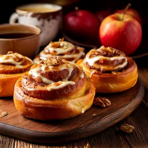 Rollitos de canela caseros con relleno de compota de manzana y nueces, glaseados con crema de queso. Deliciosos, esponjosos y horneados al punto.