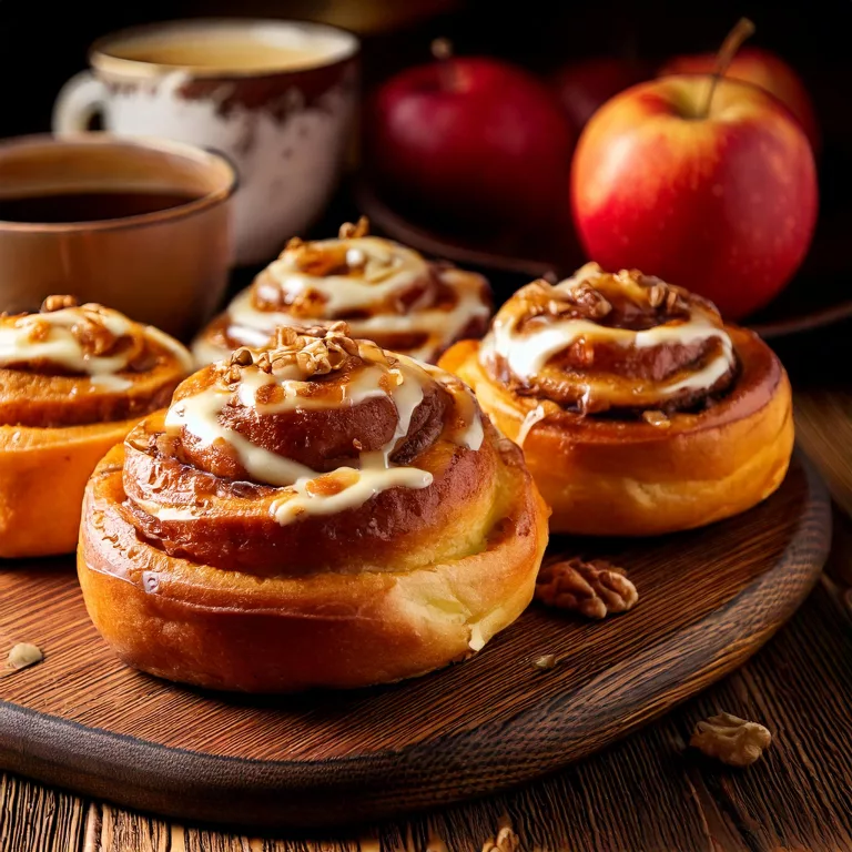 Rollitos de canela caseros con relleno de compota de manzana y nueces, glaseados con crema de queso. Deliciosos, esponjosos y horneados al punto.