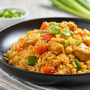 Plato de Arroz Sha Cha en Thermomix con arroz jazmín, pimientos rojo y verde, maíz dulce y proteína, decorado con cebollino fresco.