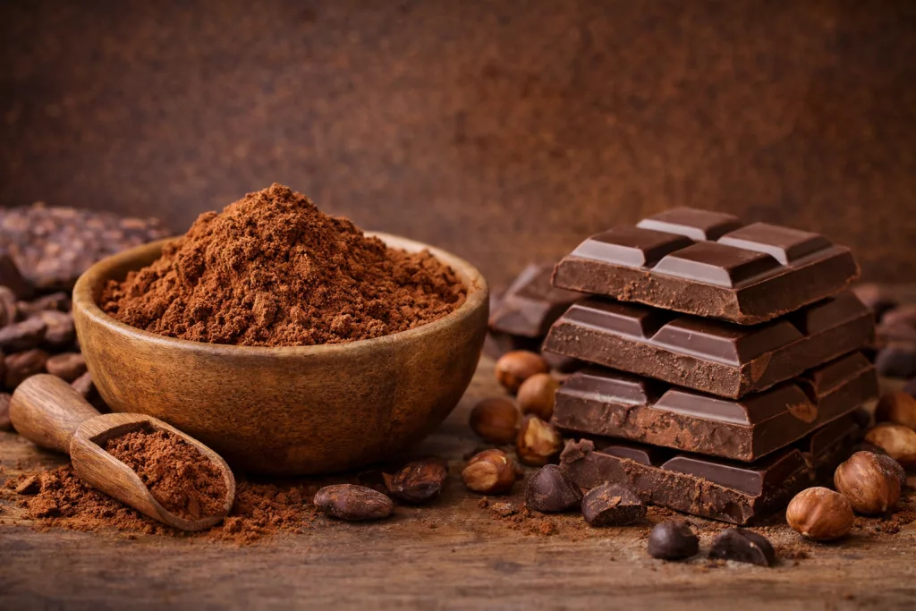 Beneficios del cacao puro: cacao en polvo junto a chocolate negro y avellanas
