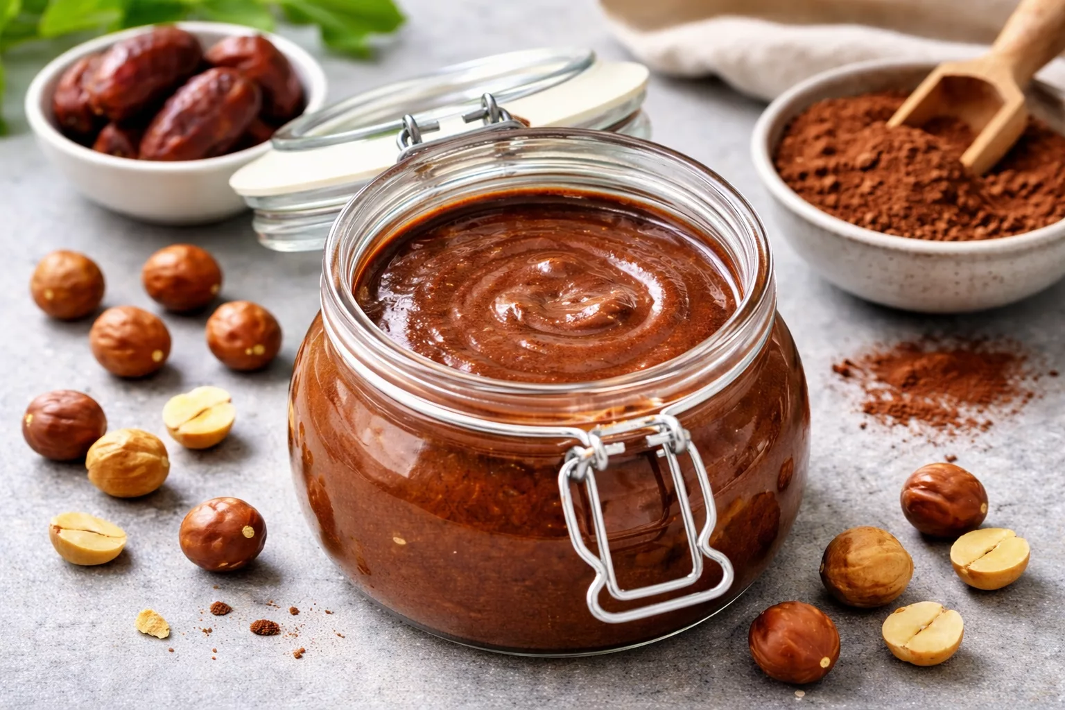 Crema de cacao y avellanas casera y saludable en tarro, lista para untar, hecha en Thermomix.