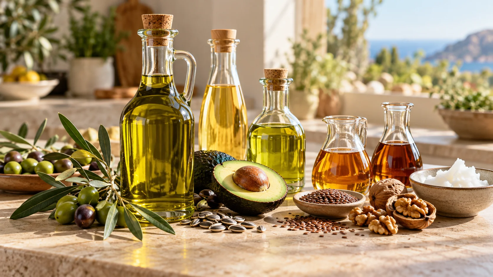 Botellas de aceites para cocinar con aceitunas, aguacate, pipas de girasol, semillas de lino, nueces y aceite de coco en una cocina mediterránea