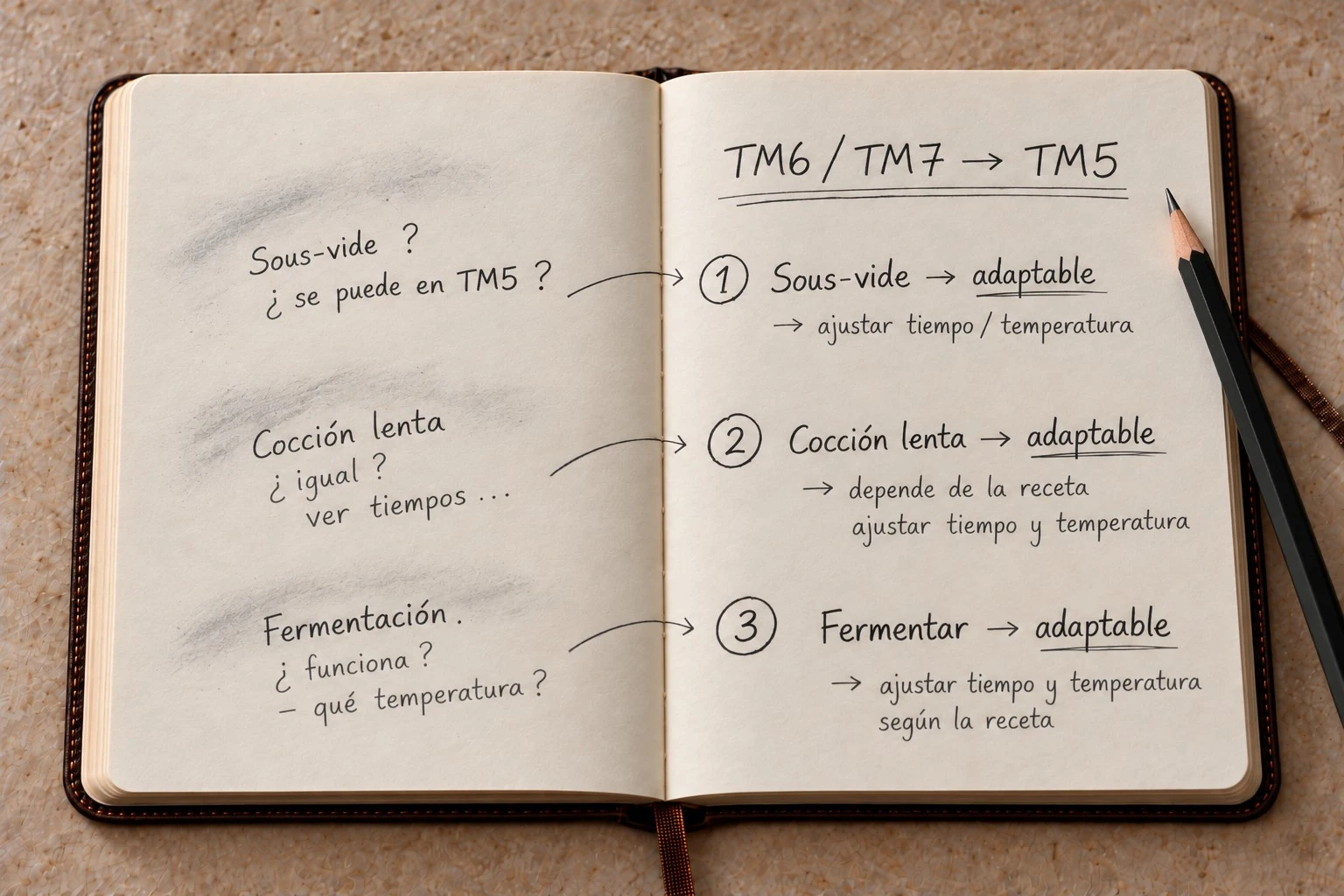 Libreta abierta con notas a lápiz sobre adaptar recetas TM6 y TM7 a TM5