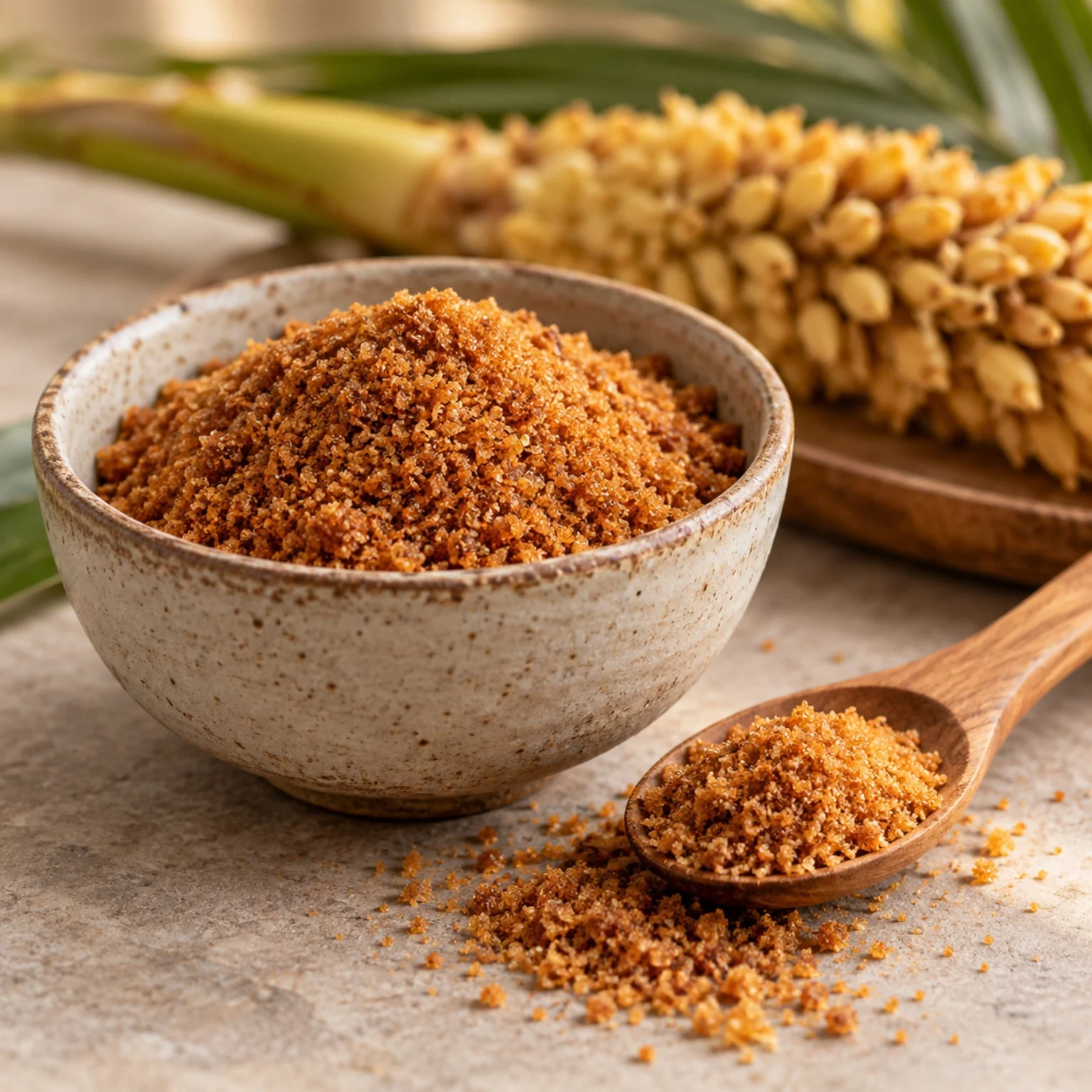 Azúcar de coco granulado de color ámbar en un cuenco de cerámica, junto a una cuchara de madera.