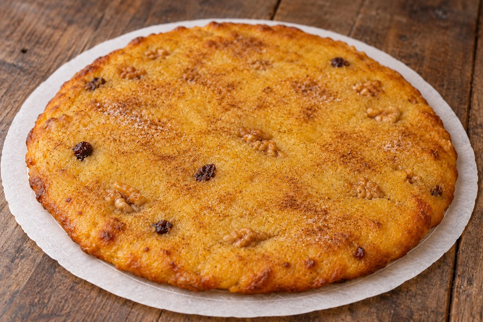 Coca de carabassa escudellà valenciana sobre neula, con nueces y pasas
