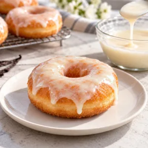 Donut dorado cubierto de glaseado de vainilla, junto a un cuenco con glaseado cremoso y una cuchara.