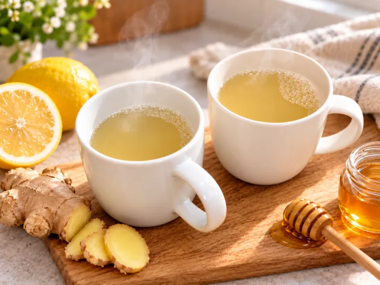 Dos tazas blancas con infusión de jengibre, limón y miel de color amarillo dorado, acompañadas de limón, jengibre y miel