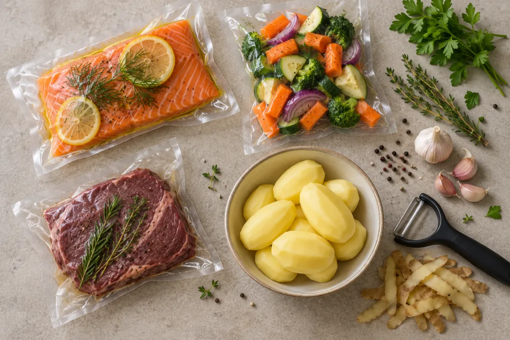 Preparación sous-vide y pelado de verduras para una guía sobre cubrecuchillas Thermomix