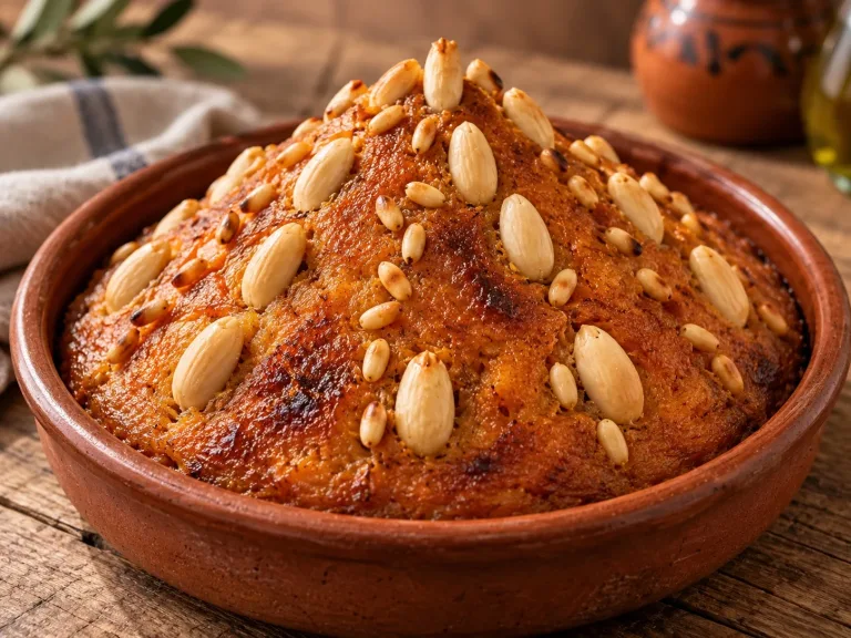 Arnadí valenciano en cazuela de barro, con almendras y piñones clavados en la masa de calabaza dorada